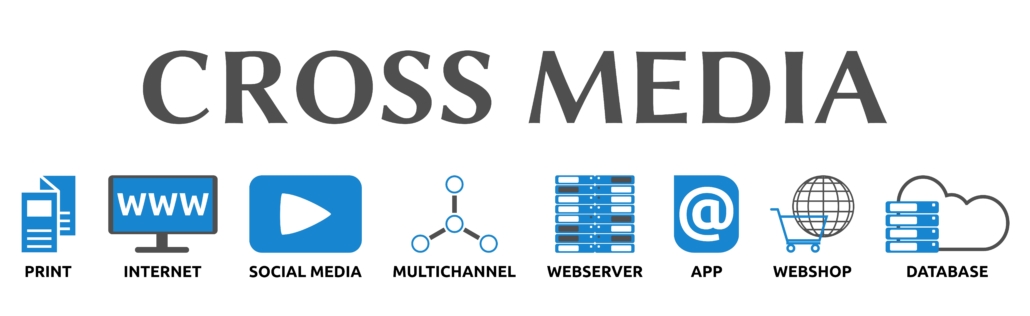 Banner zum Thema: "Cross Media" mit Symbolen. Isoliert freigestellt vor weißem Hintergrund. cross media marketing